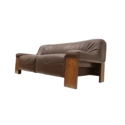 Pamono Brutalist 2-Seater Sofa in Brown Leather with Wengé Wood Frame, 1970s Discount