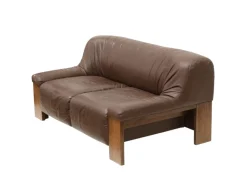 Pamono Brutalist 2-Seater Sofa in Brown Leather with Wengé Wood Frame, 1970s Discount