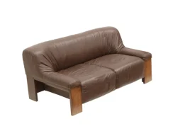 Pamono Brutalist 2-Seater Sofa in Brown Leather with Wengé Wood Frame, 1970s Discount