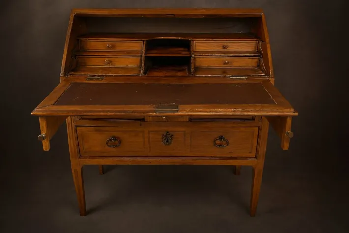 Pamono Burgundy Castle Sloping Desk with Allegorical Marquetry and Secret Drawer 18th Century Discount