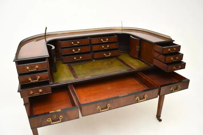 Pamono Carlton House Desk in Inlaid Mahogany with Leather Top, 1890s Sale