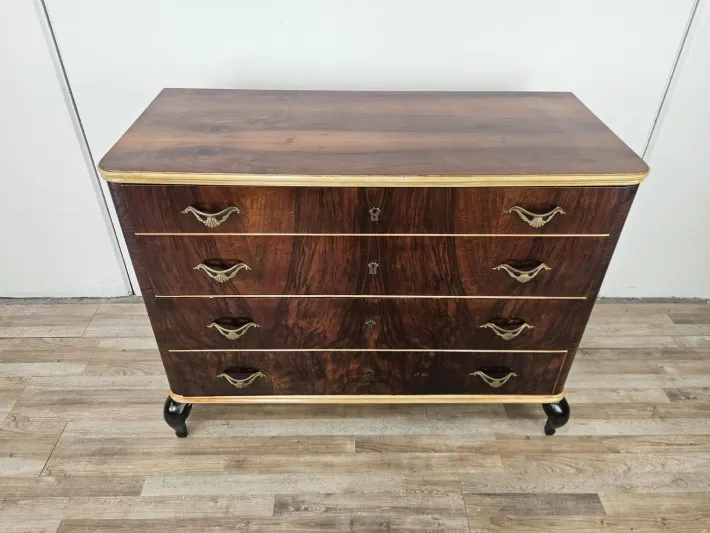 Pamono Chest of Drawers in Mahogany and Maple with Lacquered Feet, 1950 Outlet
