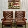 Pamono Chesterfield Wingback Armchairs in Brown Leather, 1970s, Set of 2 New