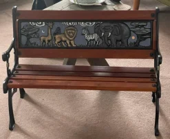 Pamono Childrens Safari Animals Themed Hand Painted Cast Iron & Mahogany Garden Bench Best