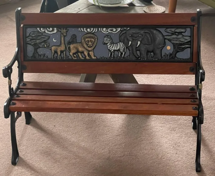 Pamono Childrens Safari Animals Themed Hand Painted Cast Iron & Mahogany Garden Bench Best