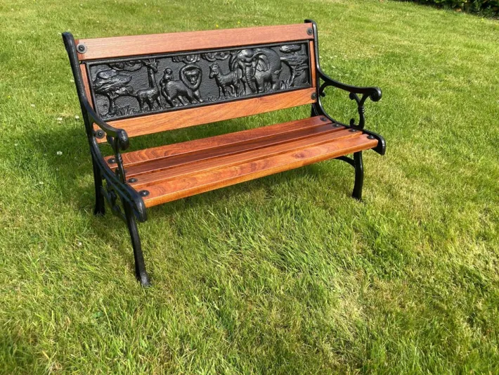 Pamono Childrens Safari Animals Themed Hand Painted Cast Iron & Mahogany Garden Bench Best