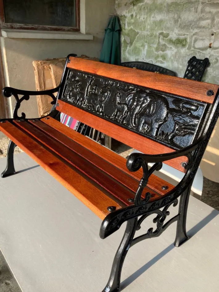 Pamono Childrens Safari Animals Themed Hand Painted Cast Iron & Mahogany Garden Bench Best