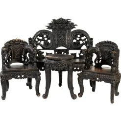 Pamono Chinese Carved Wood Living Room Set, 1930s, Set of 4 Outlet