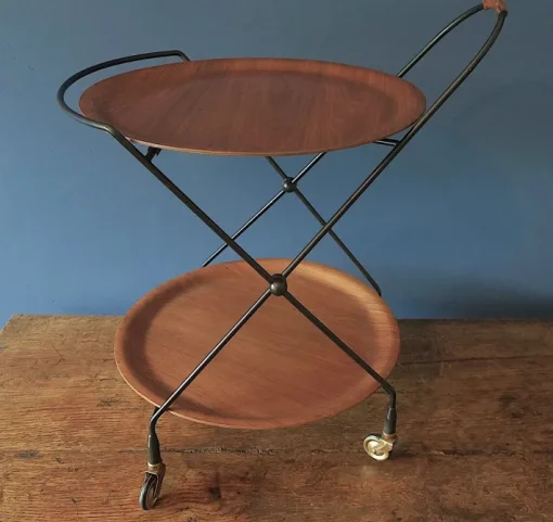 Pamono Circular Teak and Metal Folding Serving Trolley from Ary Fanerprodukter, Sweden, 1960s Sale