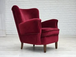 Pamono Danish Armchair in Cherry-Red Velour with Beech Legs, 1960s New