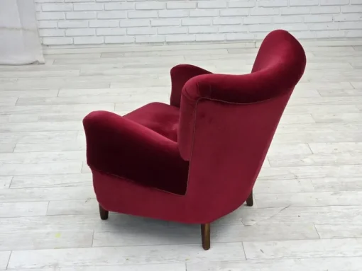 Pamono Danish Armchair in Cherry-Red Velour with Beech Legs, 1960s New