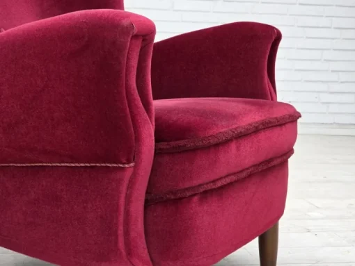 Pamono Danish Armchair in Cherry-Red Velour with Beech Legs, 1960s New