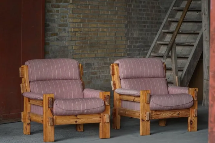 Pamono Danish Modern Lounge Chairs in Pine and Wool from Christian IV, 1970s, Set of 2 Online