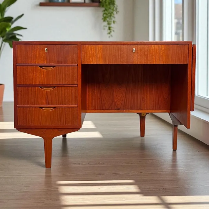 Pamono Danish Teak Desk with Fold-out Top and Bookshelves, 1960s Outlet