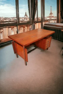 Pamono Desk in Veneered Wood, Metal with Leather Finish, 1950s