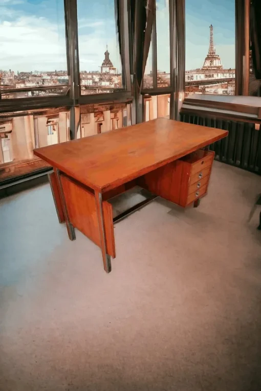 Pamono Desk in Veneered Wood, Metal with Leather Finish, 1950s