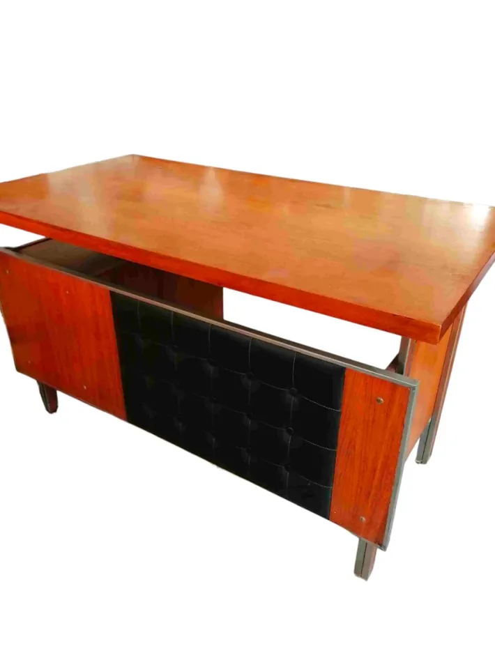 Pamono Desk in Veneered Wood, Metal with Leather Finish, 1950s