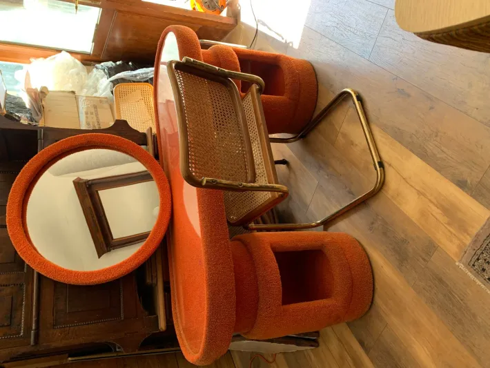 Pamono Dressing Table from Kecskemét Furniture Sales Company with Bauhaus Brass Chairs, 1975, Set of 3 Hot