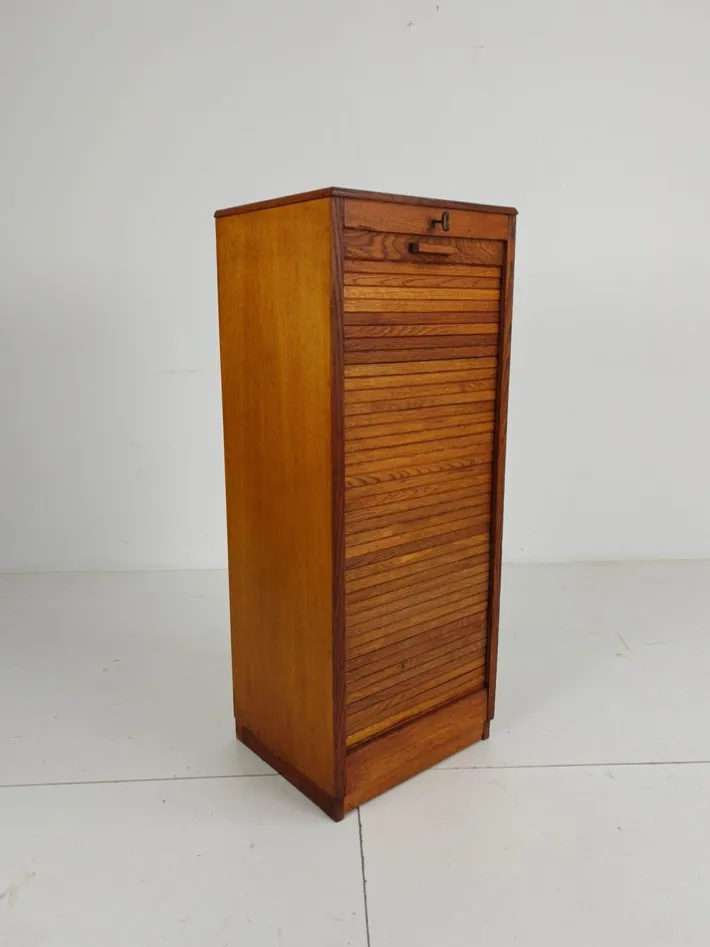 Pamono Dutch Oak Archive Cabinet with Tambour Door, 1940s