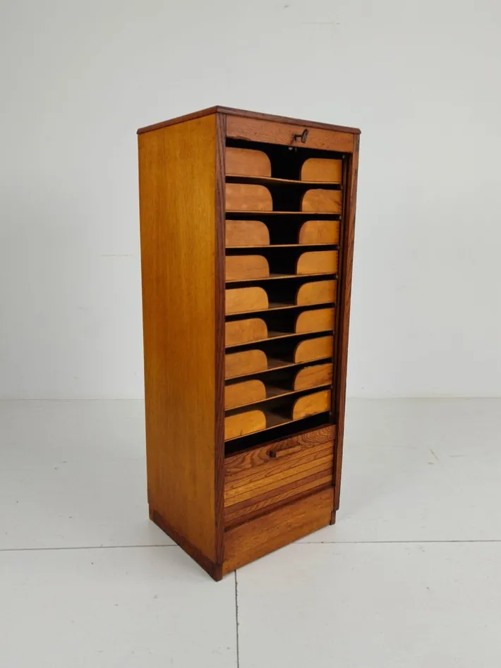 Pamono Dutch Oak Archive Cabinet with Tambour Door, 1940s