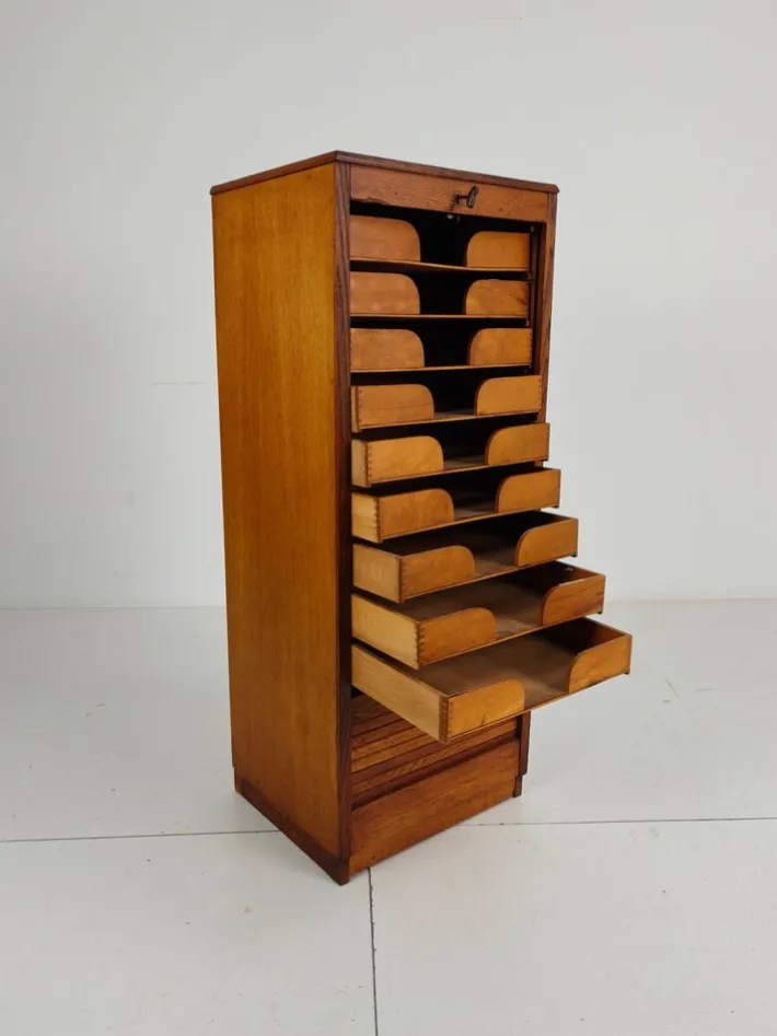 Pamono Dutch Oak Archive Cabinet with Tambour Door, 1940s