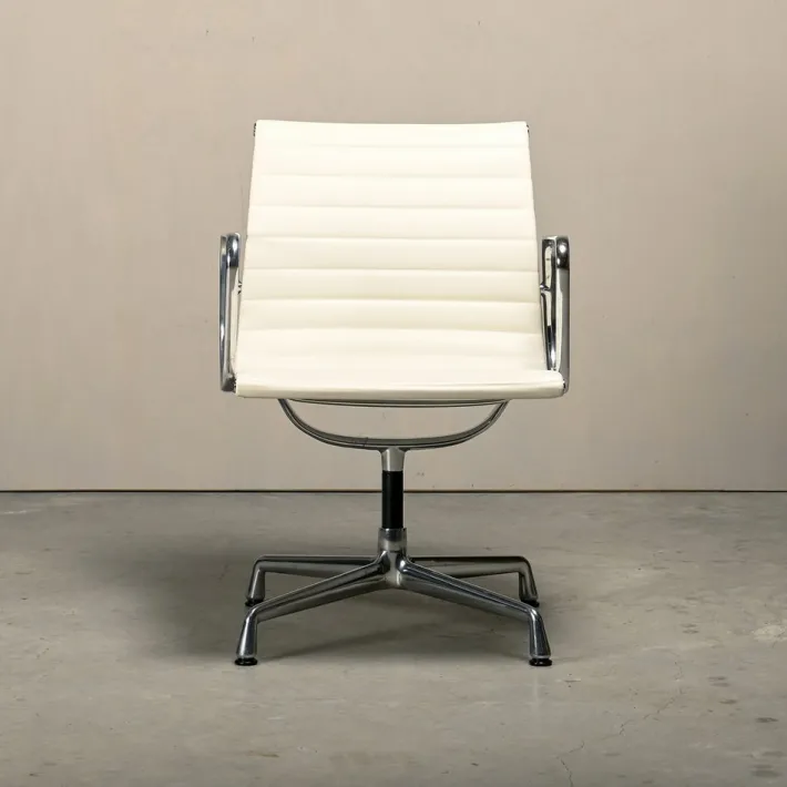 Pamono EA108 Dining Chair in Polished Aluminum and White Leather by Charles and Ray Eames for Vitra, 2010s Online