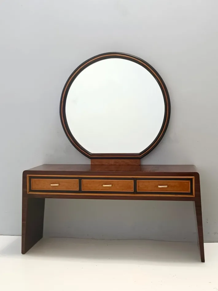 Pamono Ebonized Walnut and Birch Vanity Table with Mirror attributed to Paolo Buffa, 1950s Sale