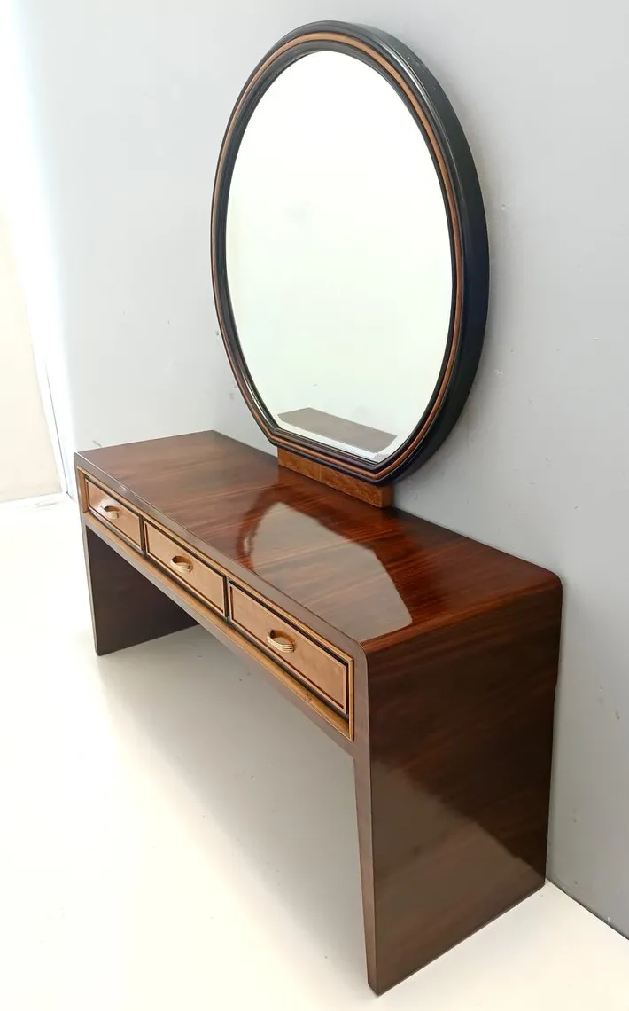 Pamono Ebonized Walnut and Birch Vanity Table with Mirror attributed to Paolo Buffa, 1950s Sale