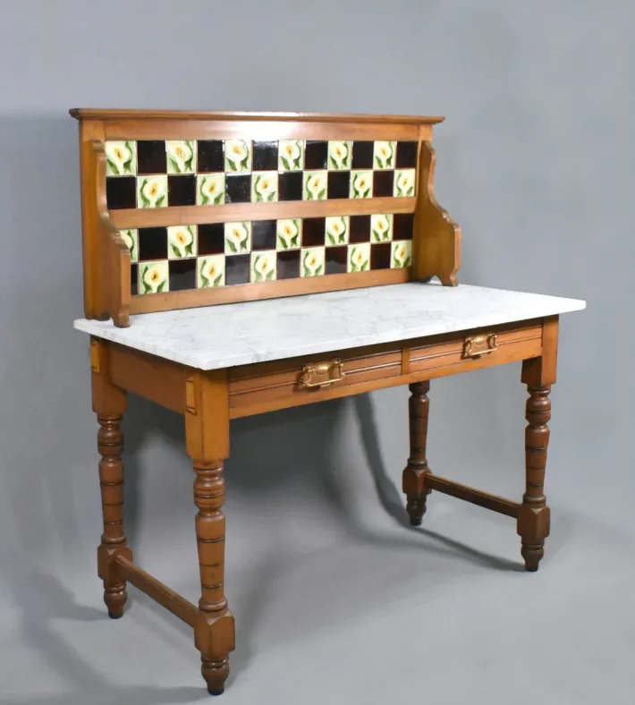 Pamono Edwardian Tile Back Marble Top Washstand in Birch, 1890s Discount