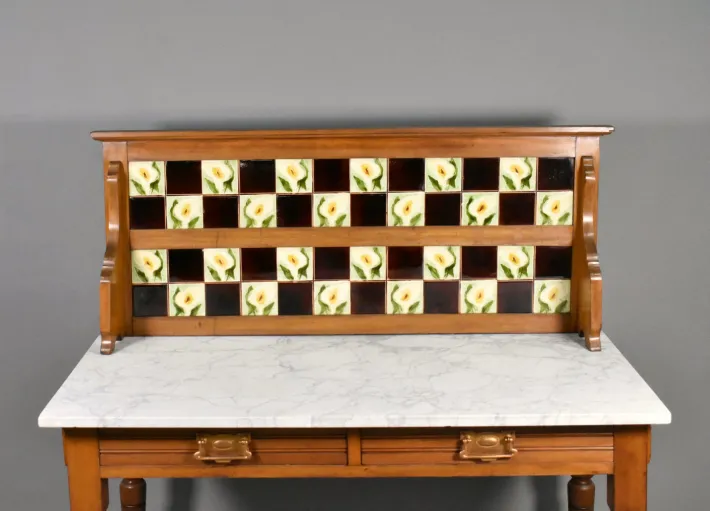 Pamono Edwardian Tile Back Marble Top Washstand in Birch, 1890s Discount