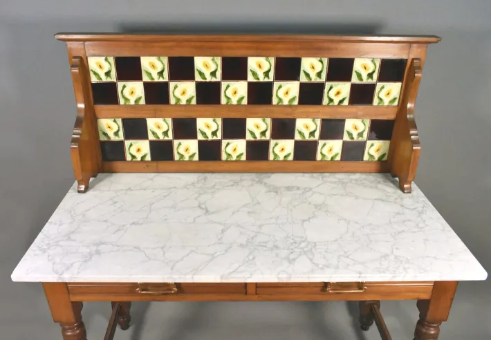 Pamono Edwardian Tile Back Marble Top Washstand in Birch, 1890s Discount