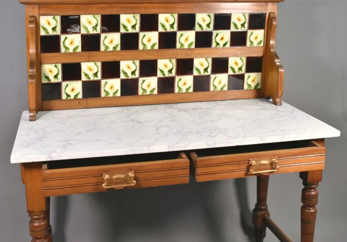 Pamono Edwardian Tile Back Marble Top Washstand in Birch, 1890s Discount