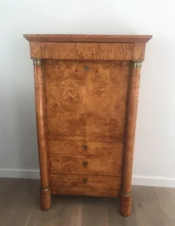 Pamono Empire Clapper Secretaire in Burr Walnut with Detached Columns and Secret Drawer, France, 1850s Hot