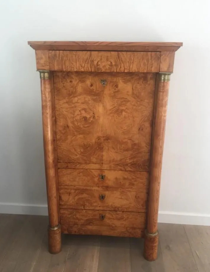 Pamono Empire Clapper Secretaire in Burr Walnut with Detached Columns and Secret Drawer, France, 1850s Hot