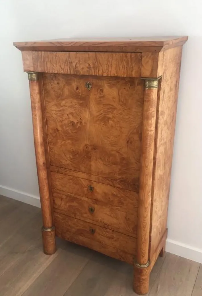 Pamono Empire Clapper Secretaire in Burr Walnut with Detached Columns and Secret Drawer, France, 1850s Hot