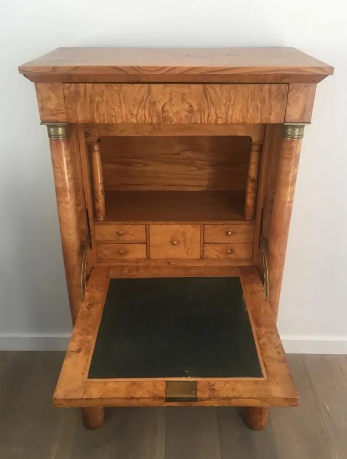 Pamono Empire Clapper Secretaire in Burr Walnut with Detached Columns and Secret Drawer, France, 1850s Hot