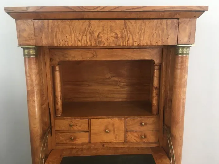 Pamono Empire Clapper Secretaire in Burr Walnut with Detached Columns and Secret Drawer, France, 1850s Hot