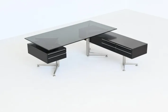 Pamono Executive Corner Desk in Mahogany and Glass from Abbondinterni, Italy, 1970s Outlet