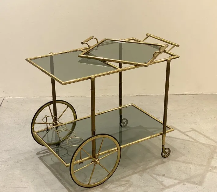Pamono Faux Bamboo & Brass Bar Trolley from Maison Bagues, 1970s Outlet