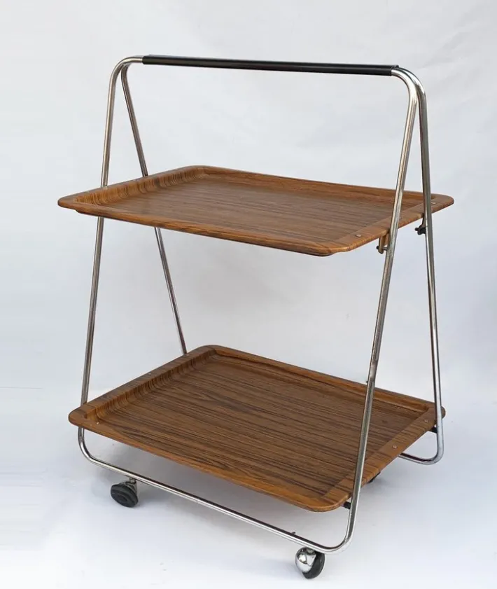 Pamono Faux Wood & Chrome Folding Bar Cart from Robex, 1970s Clearance