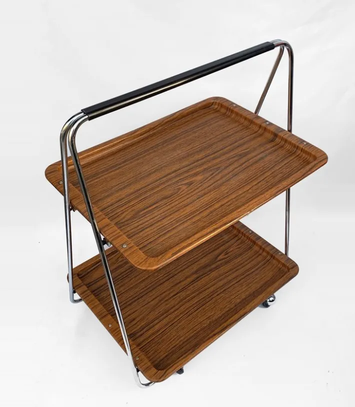 Pamono Faux Wood & Chrome Folding Bar Cart from Robex, 1970s Clearance