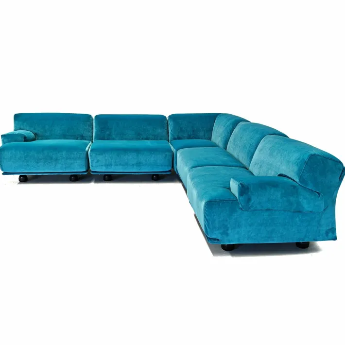 Pamono Fiandra Modular Corner Sofa in Blue Velvet by Vico Magistretti for Cassina, 1980s, Set of 5 Outlet