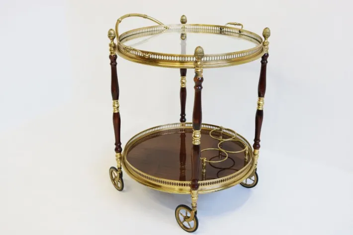 Pamono French Bar Cart / Trolley in Brass, Glass & Wood by Maison Jansen for Maison Jansen, 1950 New