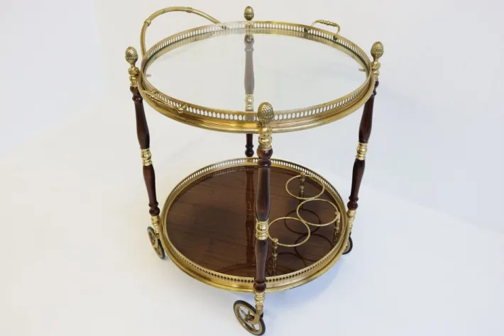 Pamono French Bar Cart / Trolley in Brass, Glass & Wood by Maison Jansen for Maison Jansen, 1950 New