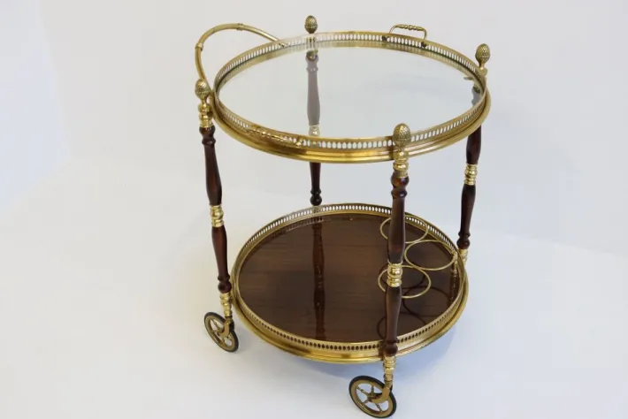 Pamono French Bar Cart / Trolley in Brass, Glass & Wood by Maison Jansen for Maison Jansen, 1950 New