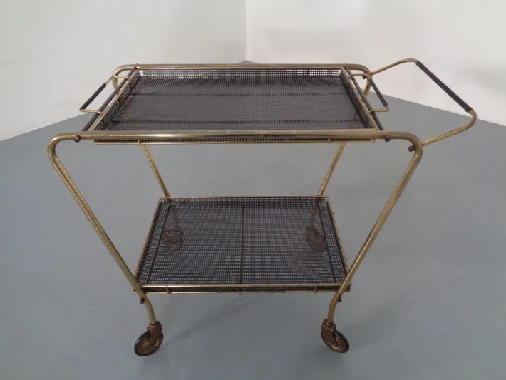Pamono French Brass Tea Cart Attributed to Mathieu Matégot, 1950s Outlet