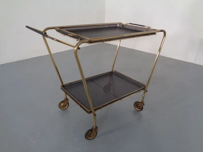 Pamono French Brass Tea Cart Attributed to Mathieu Matégot, 1950s Outlet