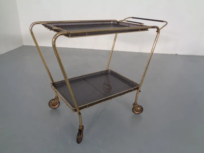 Pamono French Brass Tea Cart Attributed to Mathieu Matégot, 1950s Outlet