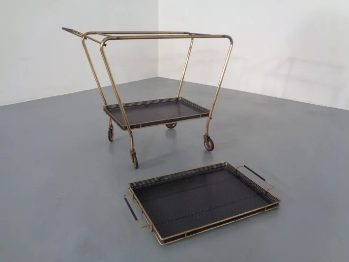 Pamono French Brass Tea Cart Attributed to Mathieu Matégot, 1950s Outlet