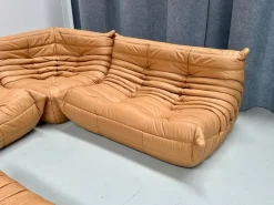 Pamono French Camel Brown Leather Togo Living Room Set attributed to Michel Ducaroy for Ligne Roset, Set of 4 Sale